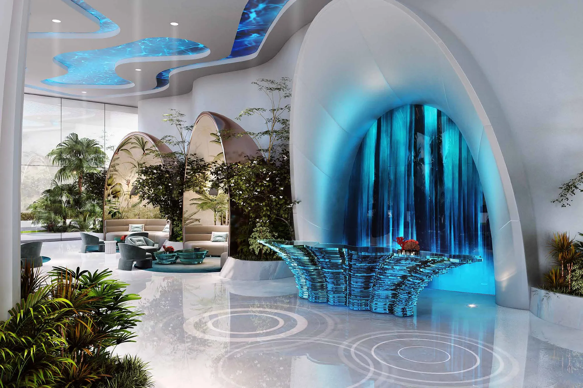 Lobby with glass reception desk before a lit waterfall wall