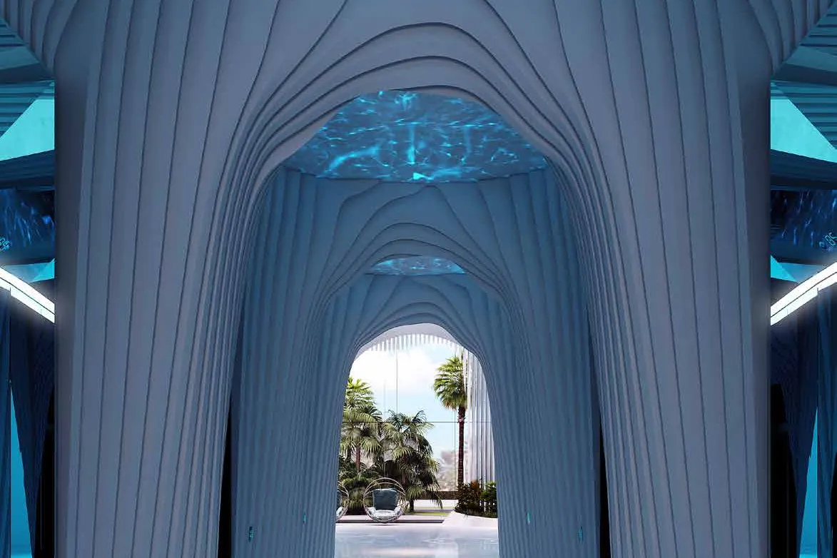 Ribbed white archways under a rippling blue lit ceiling