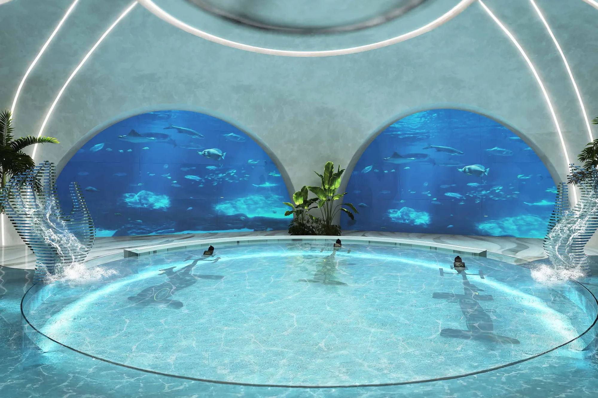 Aqua gym pool with underwater bikes beneath arched aquarium screens