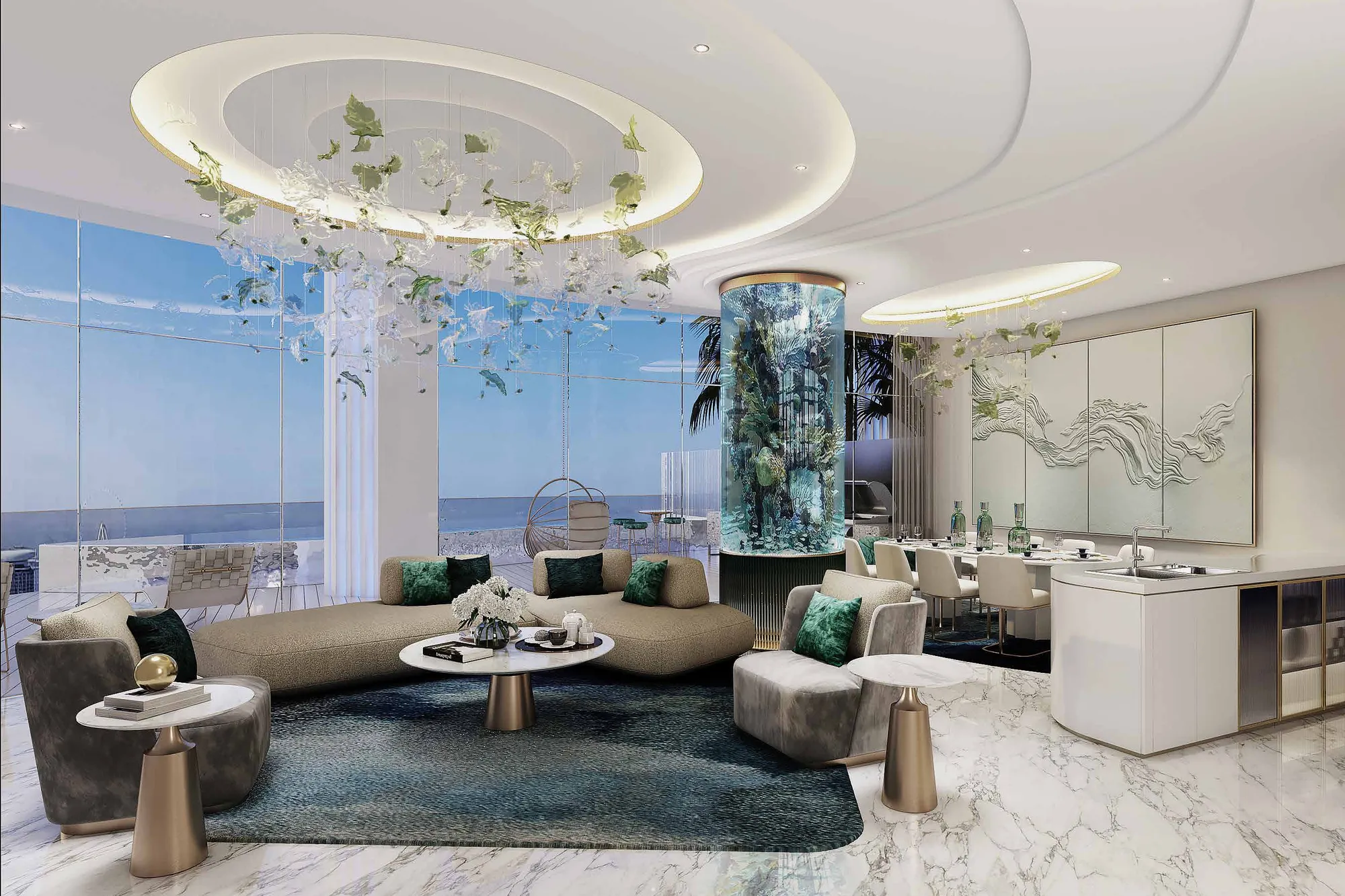 Open living room with aquarium column, marble floor and sea view
