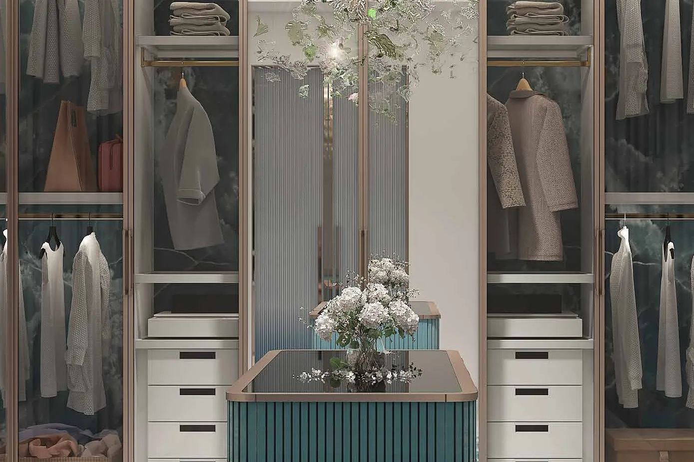 Walk-in wardrobe with glass doors, central island and chandelier