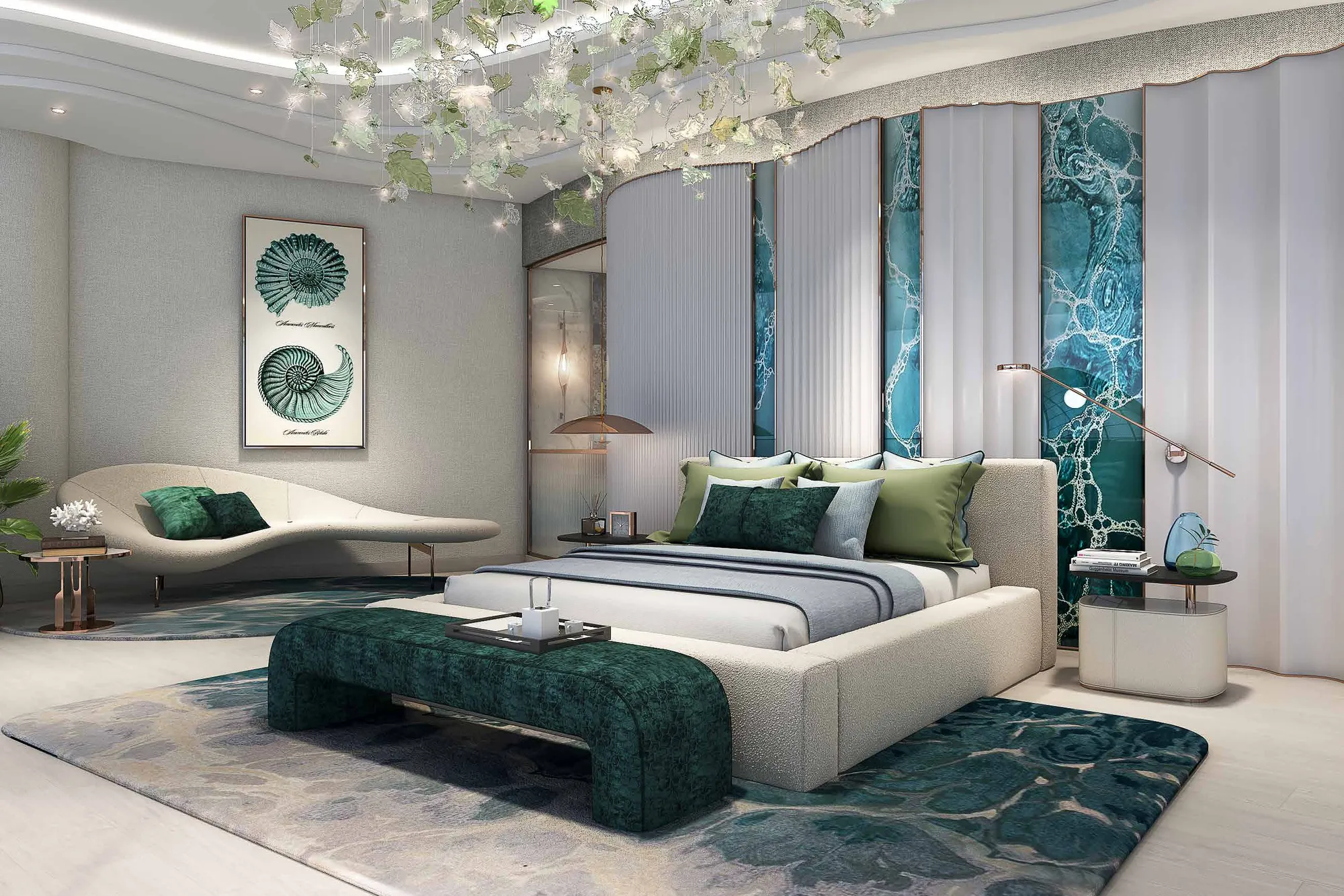 Bedroom in sea greens with leaf chandelier and curved chaise
